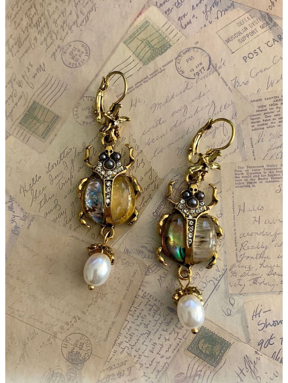 Beetle Abalone Rhinestone Pearl Dangle Earrings Bug Chic